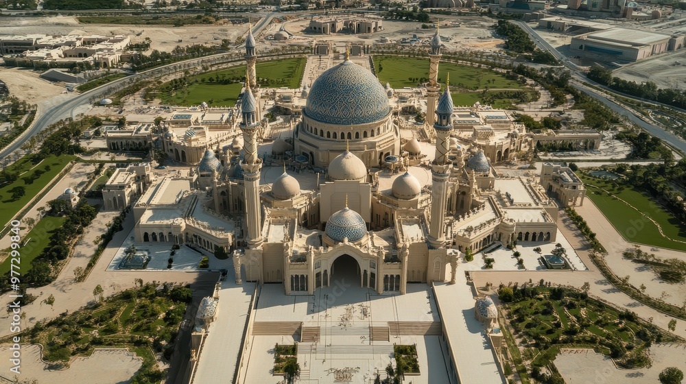 Naklejka premium Aerial View of Grand Mosque with Dome, Minarets, and Intricate Courtyards