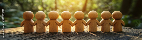 A row of seven wooden figurines holding hands, standing on a wooden surface against a background of a sunlit forest. Unity and togetherness concept.