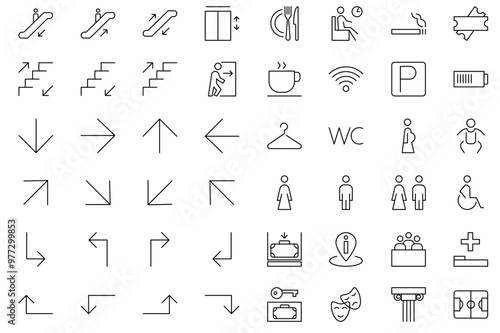 Wayfinding icons set. Toilet or wc sign. Line icons navigation arrows, parking, restroom, elevator, wifi, lift, ticket office, museum, stadium, theater, luggage storage, waiting room, cafe. Editable