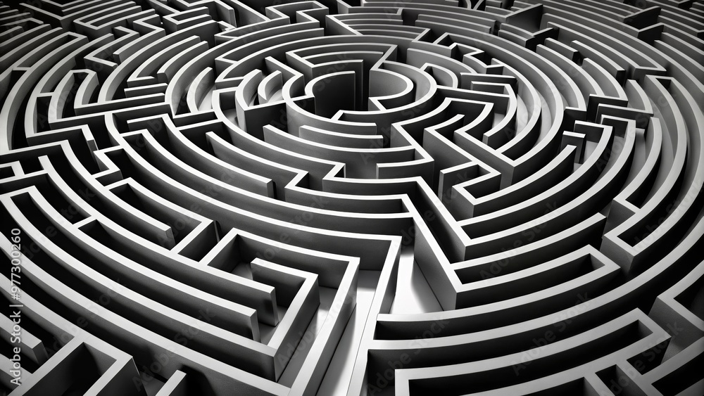 A black and white 3D maze with intricate pathways and complex design, symbolizing challenges and solutions. A black and white 3D maze with intricate pathways and complex design, symbolizing challenges and solutions.
