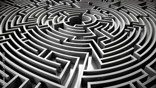A black and white 3D maze with intricate pathways and complex design, symbolizing challenges and solutions.