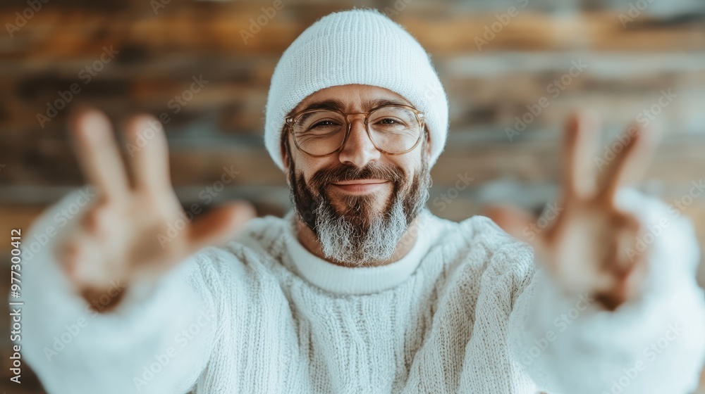 Wearing a white beanie and matching warm sweater, a bearded man extends his arms in joy, creating an inviting, cheerful atmosphere in this snapshot. Wearing a white beanie and matching warm sweater, a bearded man extends his arms in joy, creating an inviting, cheerful atmosphere in this snapshot.