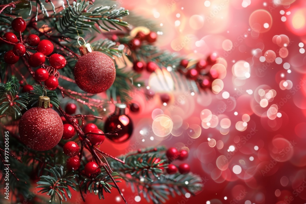 Festive red christmas ornaments and glittering lights Festive red christmas ornaments and glittering lights