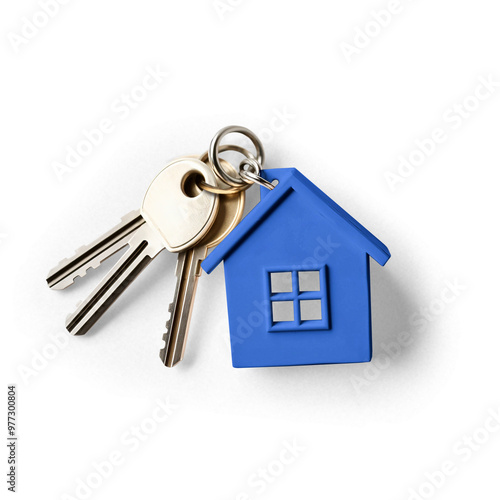 House keys with blue keychain in the shape of a little house as a concept for real estate, buying or renting houses, with transparent background and shadow