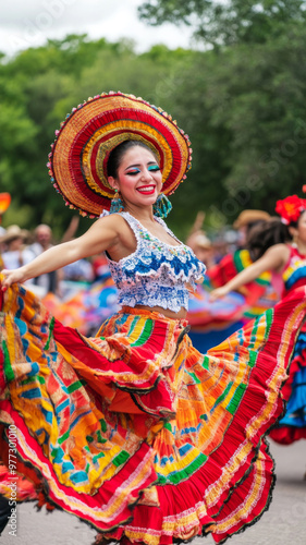 Woman in colorful traditional dress dancing at a latin american street festival