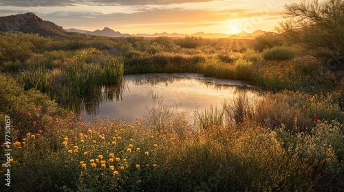 Wallpaper Mural Serene sunset over a tranquil pond surrounded by vibrant wildflowers and mountains. Torontodigital.ca