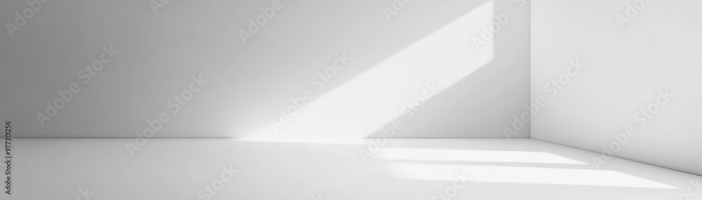 Bright sunlight casts sharp shadows in a minimalistic, empty white room with clean lines. Perfect for design, architecture, or concept visuals. Bright sunlight casts sharp shadows in a minimalistic, empty white room with clean lines. Perfect for design, architecture, or concept visuals.