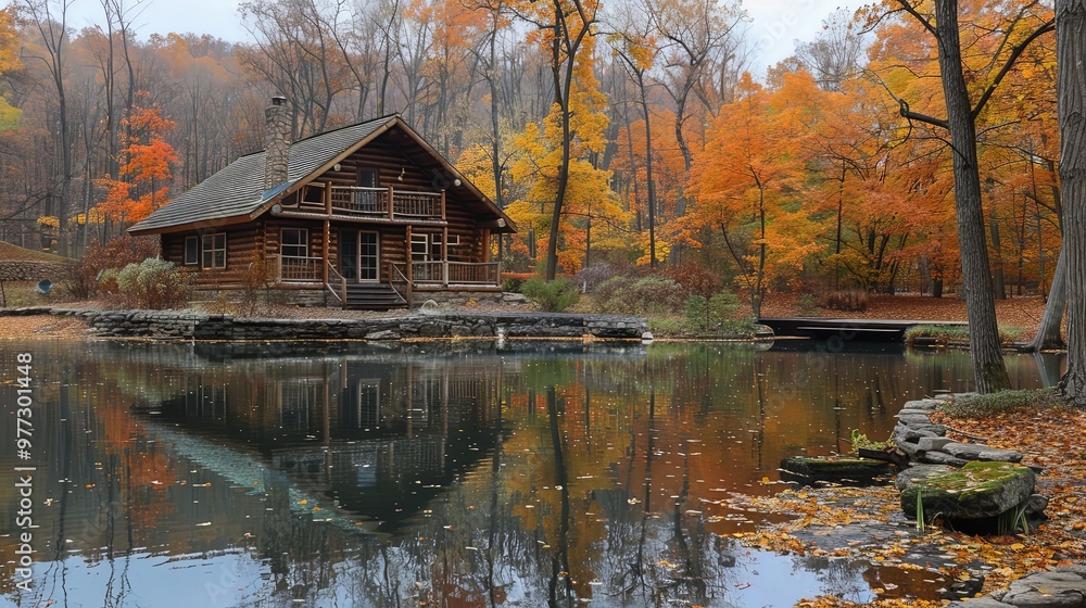 A rustic log cabin set beside a serene lake, embraced by the vibrant colors of autumn trees, reflecting perfectly on the waters, creating a picturesque and peaceful atmosphere. A rustic log cabin set beside a serene lake, embraced by the vibrant colors of autumn trees, reflecting perfectly on the waters, creating a picturesque and peaceful atmosphere.