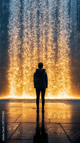 Silhouette of a person standing before a dramatic, brightly lit waterfall, creating a striking contrast of light and water. 