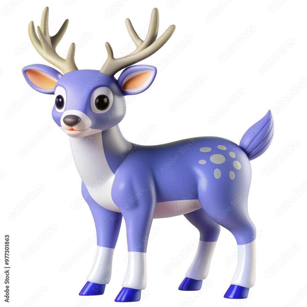 This image shows a 3D rendering of a purple deer with a cute cartoon design. The deer has large, expressive eyes, protruding horns, and white legs. This toy rendering is cute and attractive. This image shows a 3D rendering of a purple deer with a cute cartoon design. The deer has large, expressive eyes, protruding horns, and white legs. This toy rendering is cute and attractive.