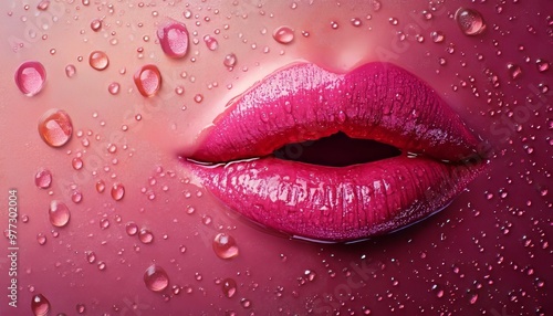 Close-up of vibrant pink lips with water droplets.