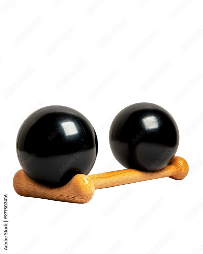 Stylish black spheres mounted on a wooden base, with transparent background Stylish black spheres mounted on a wooden base, with transparent background