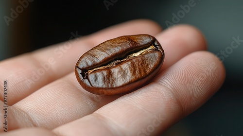 Open sack of freshly roasted coffee beans, Brown roasted coffee beans closeup. photo