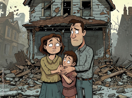A cartoon-style post-war scene depicts a ruined city street. A pair of parents and their child stand in front of a damaged house. The parents' faces show concern and exhaustion, while the child clings