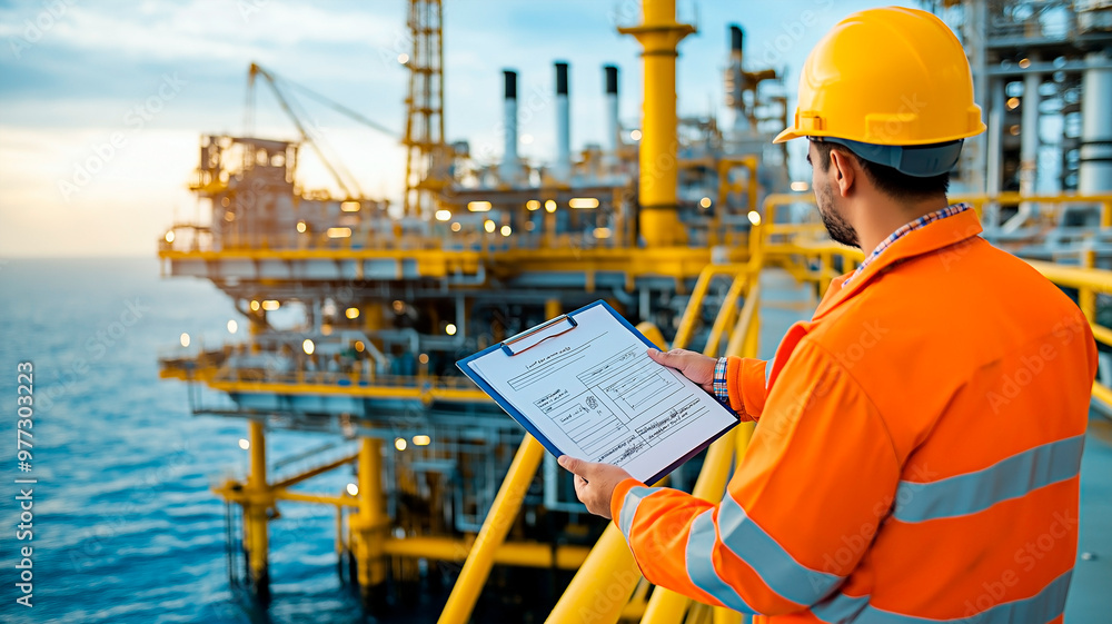 Engineer with clipboard inspecting safety protocols at sea-based oil platform. Offshore oil rig operation overview by professional in safety gear. Engineer with clipboard inspecting safety protocols at sea-based oil platform. Offshore oil rig operation overview by professional in safety gear.