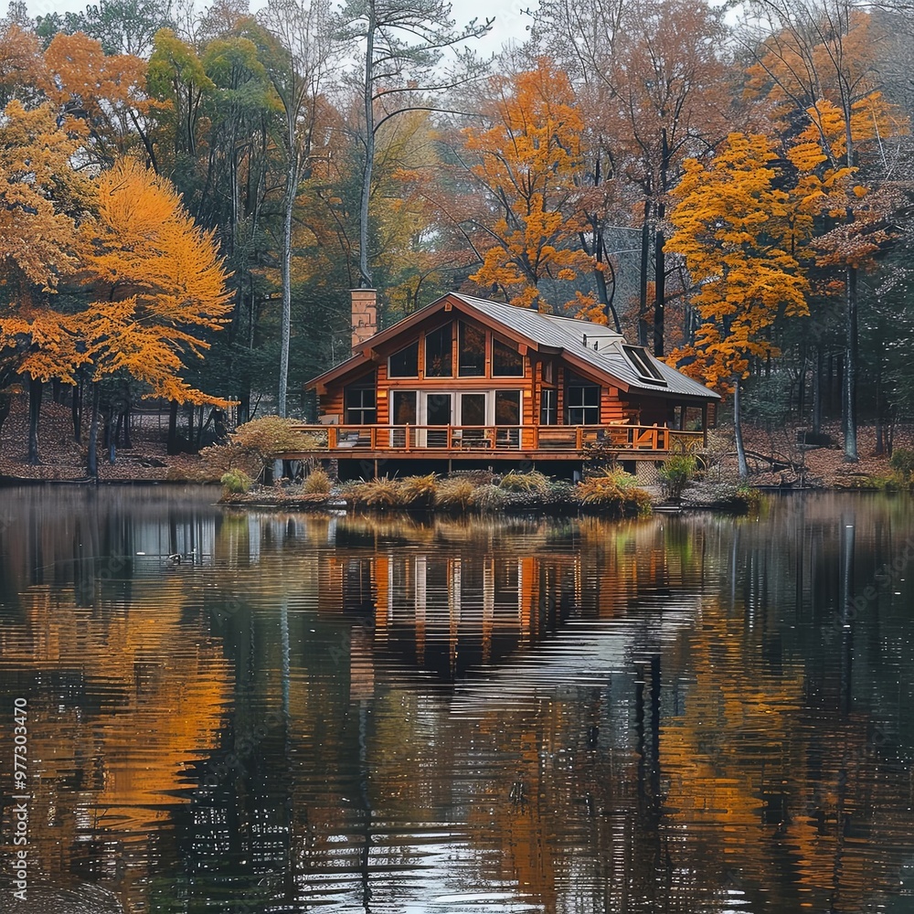 A rustic wood cabin perched over a serene lake, encircled by vibrant autumn trees, offering a picturesque retreat with a stunning reflection on the water surface. A rustic wood cabin perched over a serene lake, encircled by vibrant autumn trees, offering a picturesque retreat with a stunning reflection on the water surface.