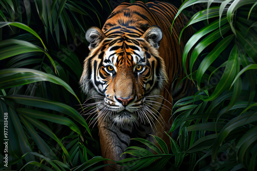 Tiger in the Jungle: A majestic tiger stalks through lush foliage, its piercing gaze fixed on the viewer in a captivating display of power and grace. The image evokes a sense of wild beauty and primal