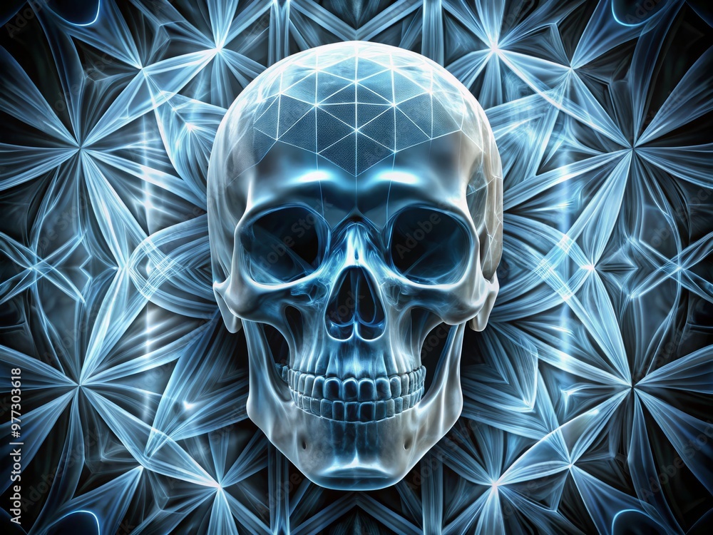Stunning X-ray image of a human skull, set against a bold, geometric patterned backdrop, with precise linework, accurate bone structure, and exceptional clarity Stunning X-ray image of a human skull, set against a bold, geometric patterned backdrop, with precise linework, accurate bone structure, and exceptional clarity