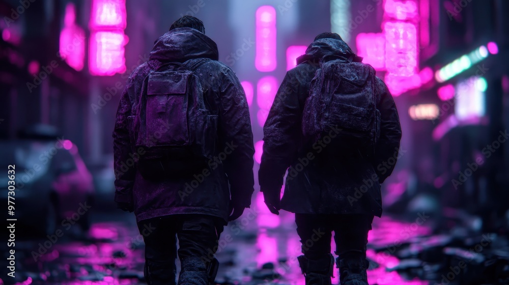 Two explorers, dressed in winter attire with backpacks, walk down a neon-lit city street on a rainy night, showcasing their adventurous spirit in the vibrant urban landscape. Two explorers, dressed in winter attire with backpacks, walk down a neon-lit city street on a rainy night, showcasing their adventurous spirit in the vibrant urban landscape.
