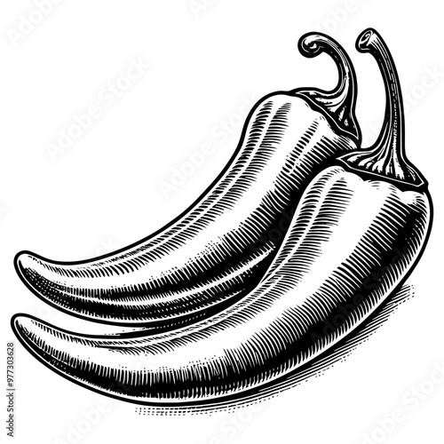 Hand-drawn chili pepper with leaves in black and white style. Vector, generative ai.