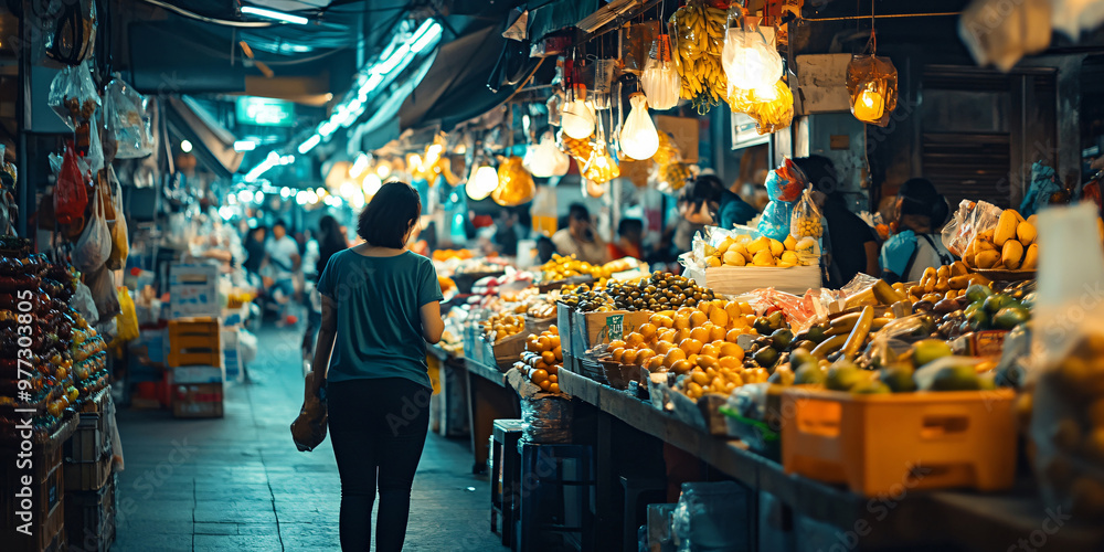 Naklejka premium A woman walks through a bustling night market in Southeast Asia. The stands are overflowing with fresh fruits and vegetables,
