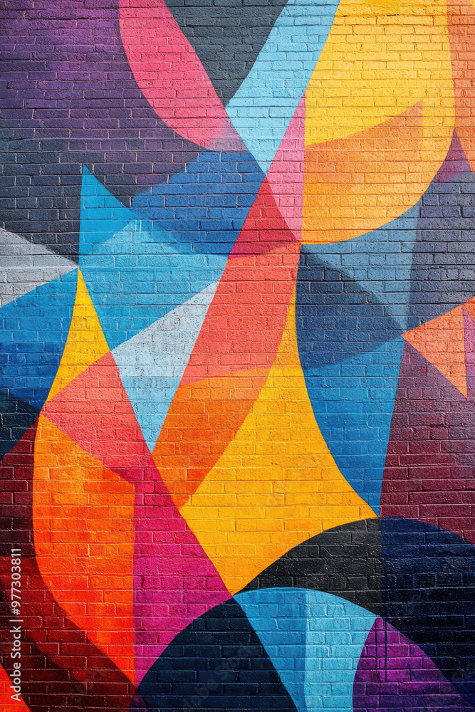 Vibrant abstract street mural on brick wall with geometric shapes and bold colors in urban setting