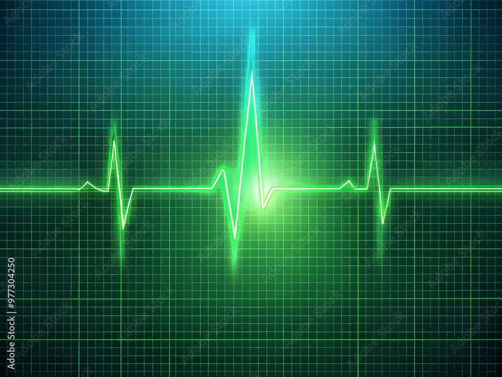ECG waveform on a minimalistic background with a subtle grid pattern, illustrated in a modern style with bright green and blue hues to convey medical technology and precision ECG waveform on a minimalistic background with a subtle grid pattern, illustrated in a modern style with bright green and blue hues to convey medical technology and precision