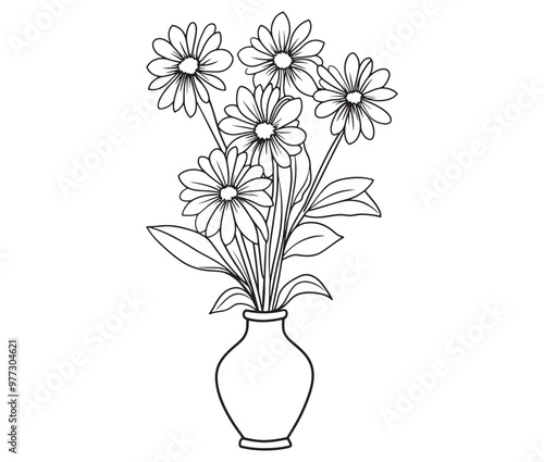 Coloring book worksheet for kids bouquet of flowers in vase 