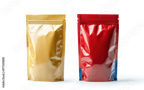 Two standing resealable pouches, one gold and one red, isolated on a white background. Perfect for packaging, food storage, and branding purposes. photo