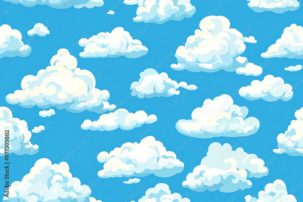 Clouds on sky horizontal seamless pattern. White different form fluffy clouds on blue heaven background. Clouds on sky horizontal seamless pattern. White different form fluffy clouds on blue heaven background.