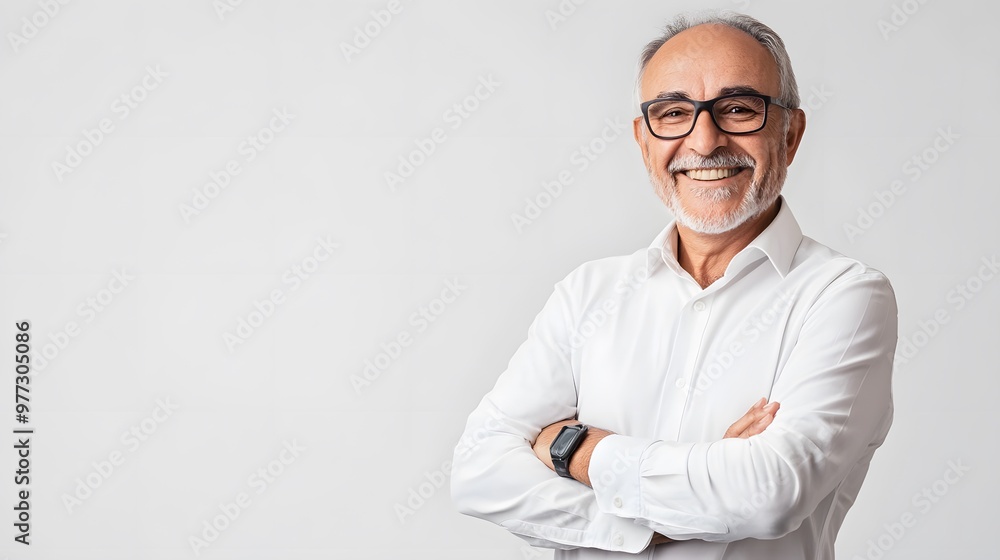 Smiling Senior Man with Grey Hair and Glasses Wearing a White Shirt Smiling Senior Man with Grey Hair and Glasses Wearing a White Shirt