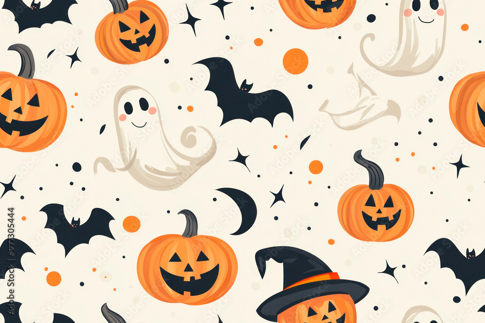 Happy halloween party seamless pattern background with cute ghost, spooky pumpkin and fancy hat. Happy halloween party seamless pattern background with cute ghost, spooky pumpkin and fancy hat.