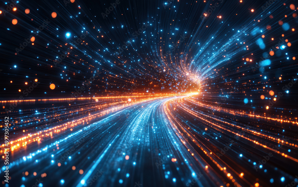 Abstract tunnel of glowing blue and orange particles, creating a futuristic and vibrant digital path in the cyber space. Abstract tunnel of glowing blue and orange particles, creating a futuristic and vibrant digital path in the cyber space.