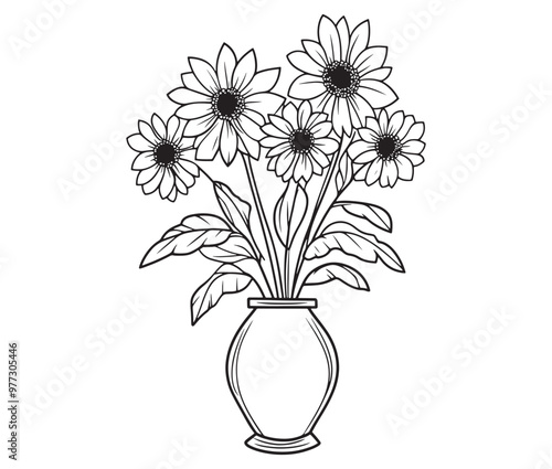 Coloring book worksheet for kids bouquet of flowers in vase 