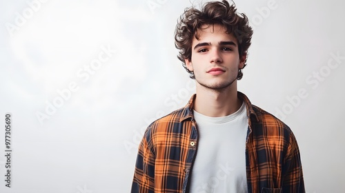 Young man with brown hair wearing an orange and black plaid shirt photo