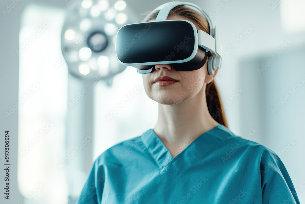 Female doctor utilizing virtual reality headset in a modern medical environment, exploring innovative healthcare solutions through technology. Female doctor utilizing virtual reality headset in a modern medical environment, exploring innovative healthcare solutions through technology.