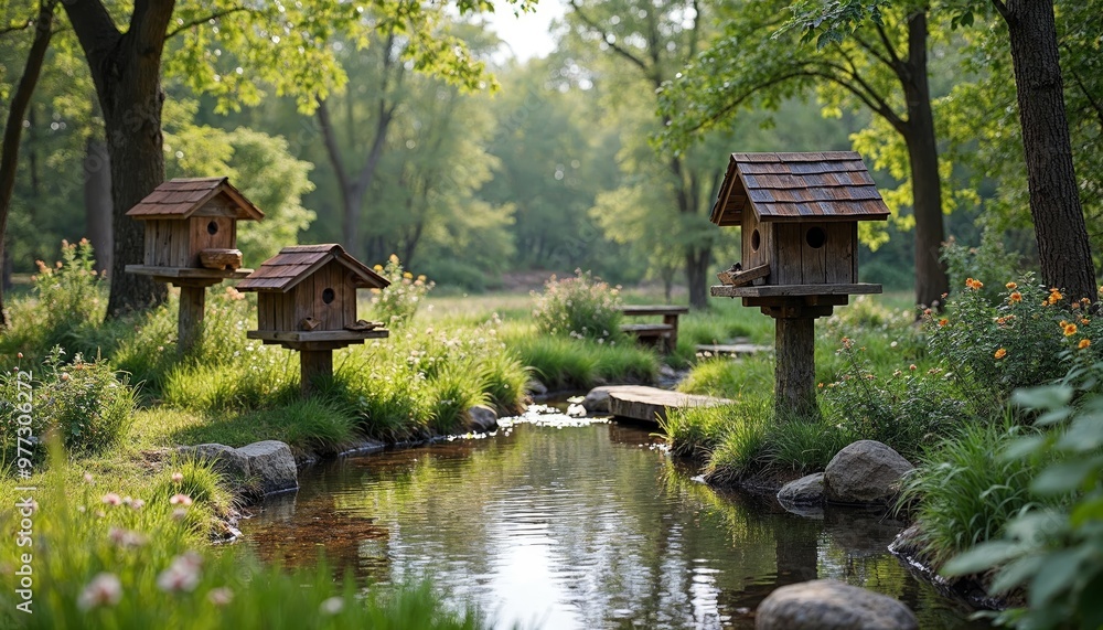 Birdhouses are positioned near a calm stream surrounded by lush greenery and flowers Birdhouses are positioned near a calm stream surrounded by lush greenery and flowers