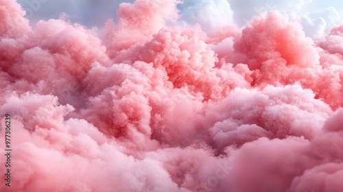 This image captures a dense cluster of vibrant pink clouds, presenting a captivating and dreamy atmosphere as though one is floating through a cotton candy heaven.