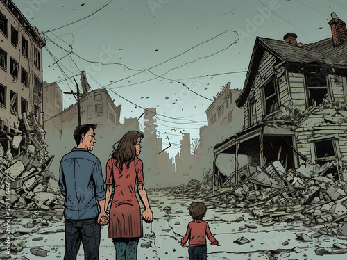 A cartoon-style post-war scene depicts a ruined city street. A pair of parents and their child stand in front of a damaged house. The parents' faces show concern and exhaustion, while the child clings