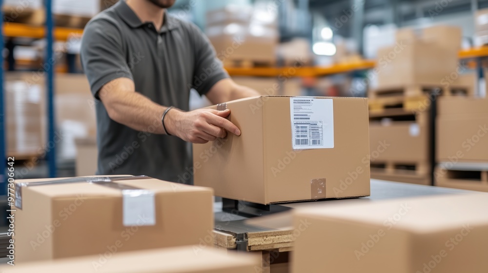 A person moving a box in a warehouse setting, symbolizing logistics, shipping, and the efficiency of warehouse operations. Great for content related to e-commerce, storage, and logistics. A person moving a box in a warehouse setting, symbolizing logistics, shipping, and the efficiency of warehouse operations. Great for content related to e-commerce, storage, and logistics.