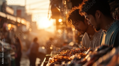 This image captures a bustling outdoor market at sunset, featuring two individuals engaged in their surroundings amid the vibrant and lively atmosphere with various goods displayed.