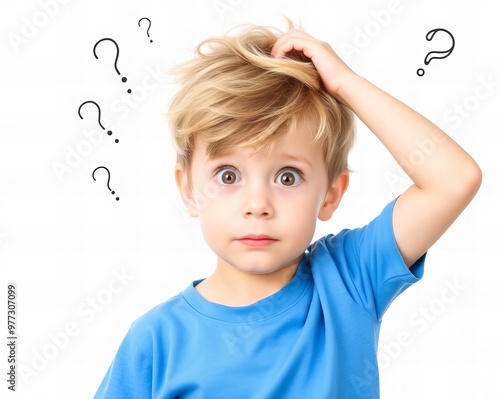  child with question marks on his head and a question mark on his forehead. photo