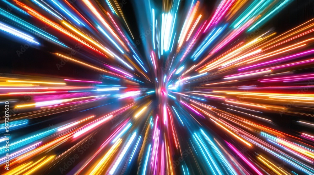 Pulsing beams of neon light expanding outward, creating an abstract starburst pattern. Pulsing beams of neon light expanding outward, creating an abstract starburst pattern.