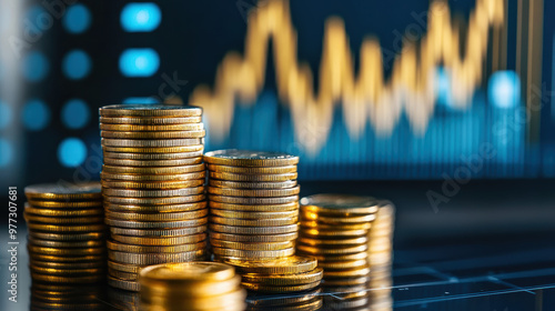 Stacks of golden coins against a background of a fluctuating stock market chart, representing financial growth, investment, and economic success. photo