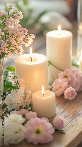 Serene ambiance created with glowing white candles surrounded by delicate pink and white flowers, evoking a sense of tranquility and romance.