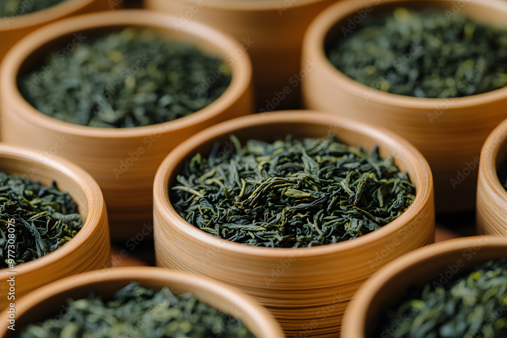 Loose-Leaf Green Tea in an Old-Fashioned Bamboo Tray | Traditional Tea Presentation and Natural Aroma Loose-Leaf Green Tea in an Old-Fashioned Bamboo Tray | Traditional Tea Presentation and Natural Aroma