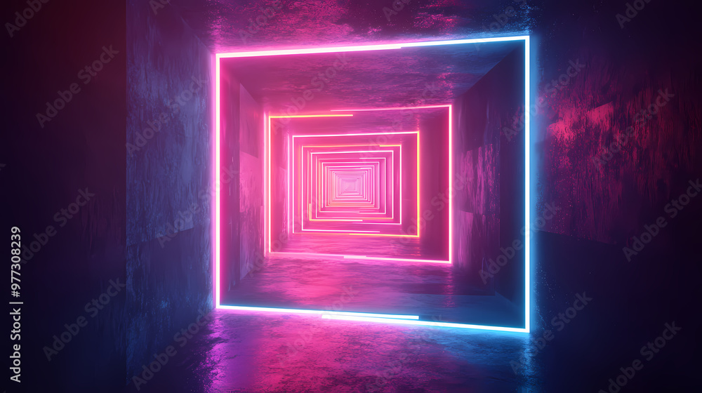 Cool light coming from geometric metal backlit neon glow square structure. Backlit. Illustration Cool light coming from geometric metal backlit neon glow square structure. Backlit. Illustration