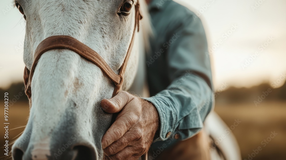 Fototapeta premium A gentle scene of a man lovingly patting a horse’s head, exemplifying the bond of trust and affection in an idyllic natural setting during golden hour.