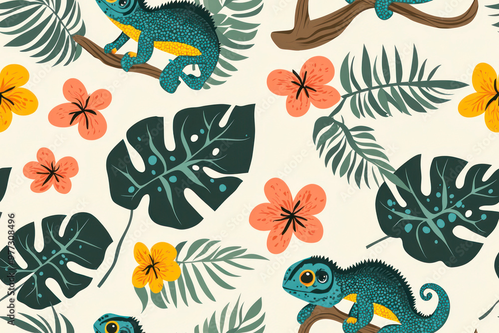 Obraz premium Seamless pattern with cute chameleons with tropical leaves and flowers on a light background. Cartoon tropical lizard.