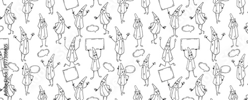 Cute pencil characters pattern. Seamless background with images of funny stationery characters drawn with lines Situation about education, study or learning. Vector wallpaper.